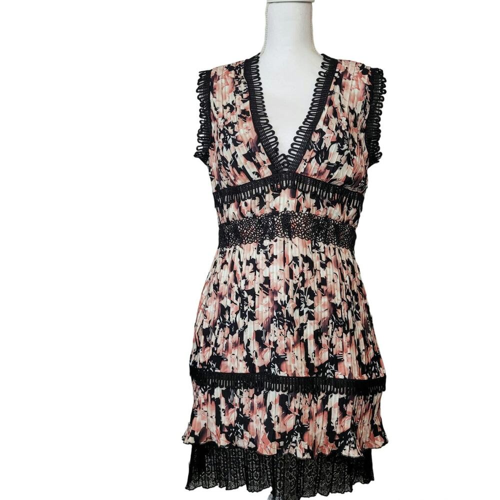 Foxiedox Pleated Floral Lace Trim Mini Dress Pink Black Size L NWT